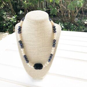 NWT Genuine Carved Cinnabar, Black & White Pearls Beaded Necklace Black White